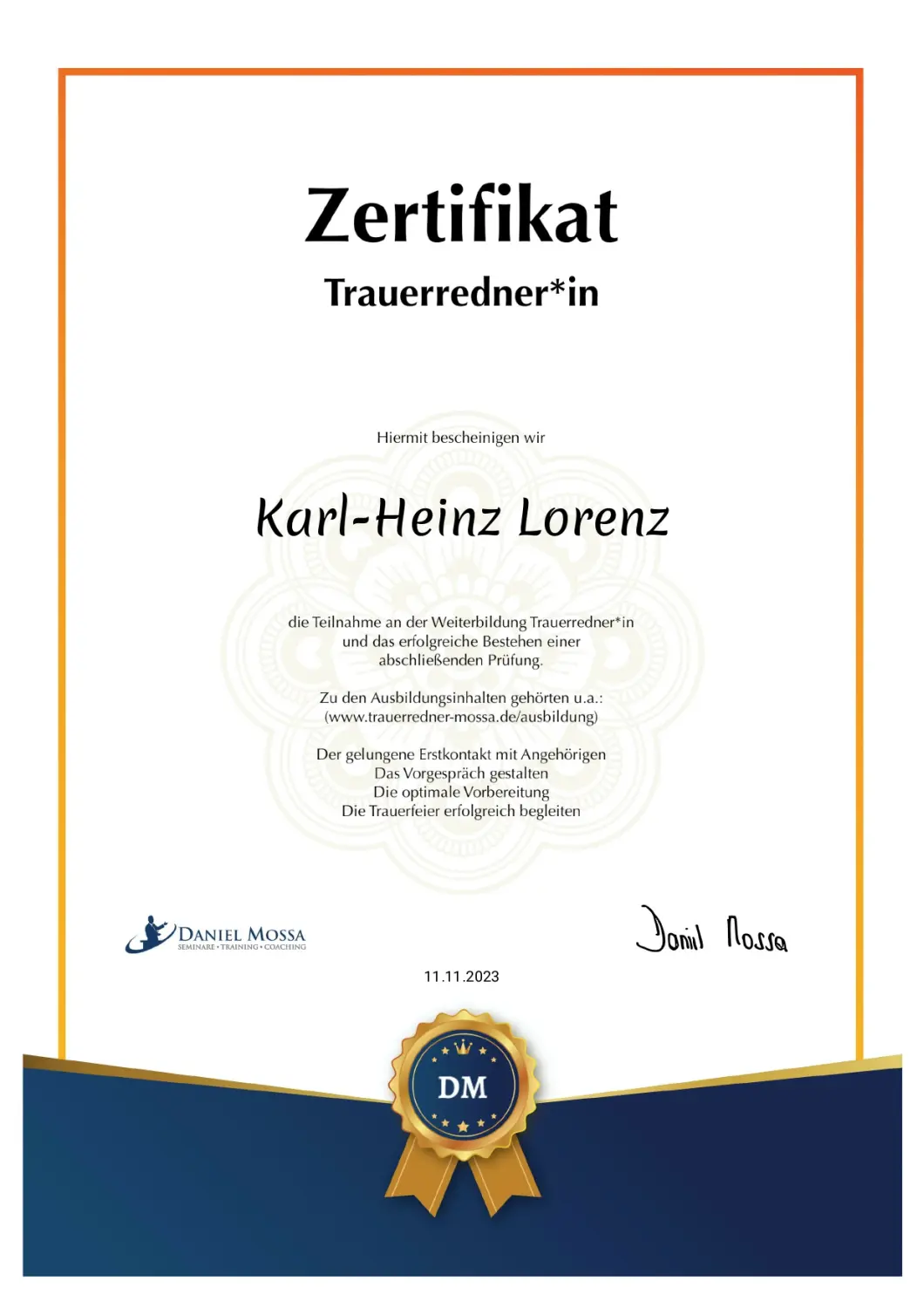 Trauerredner Lorenz Zertifikate
